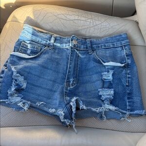 Women's Distressed Blue Denim Jean Shorts - Casual Frayed Hem